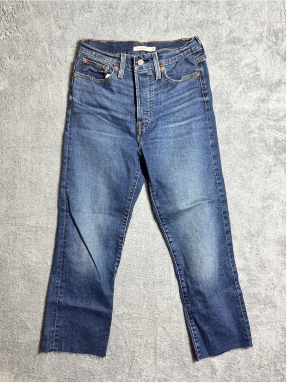 Levis Wedgie Straight Jeans Womens 28 Blue High Rise Button Fly Stretch Raw Hem